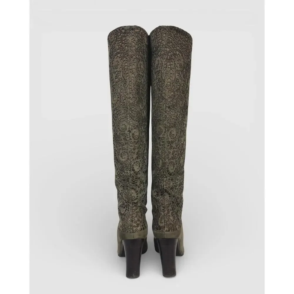 Stuart Weitzman Suede Grey Brown Laser Cut Knee-High Heel Boots